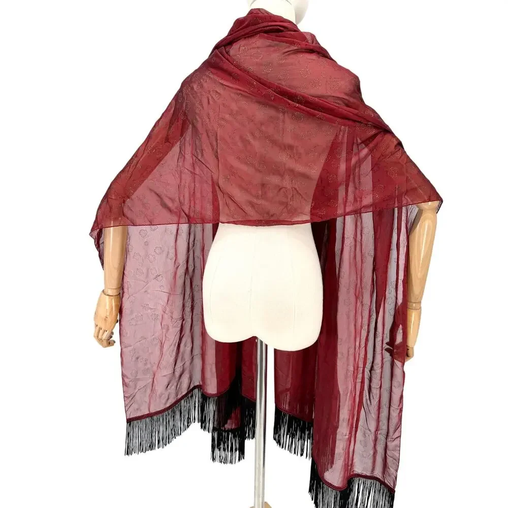 Vintage 90s Red Iridescent Chiffon Black Fringe Evening Wrap Scarf